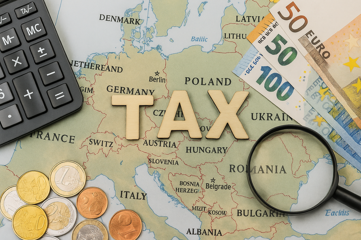 A montage with a map of Europe, currencies, a calculator, and a magnifying glass